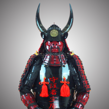 Kobayakawa Takakage Black & Red Samurai Armor Tosei Gusoku Style Horn Wakidate Black Scales with Red cords